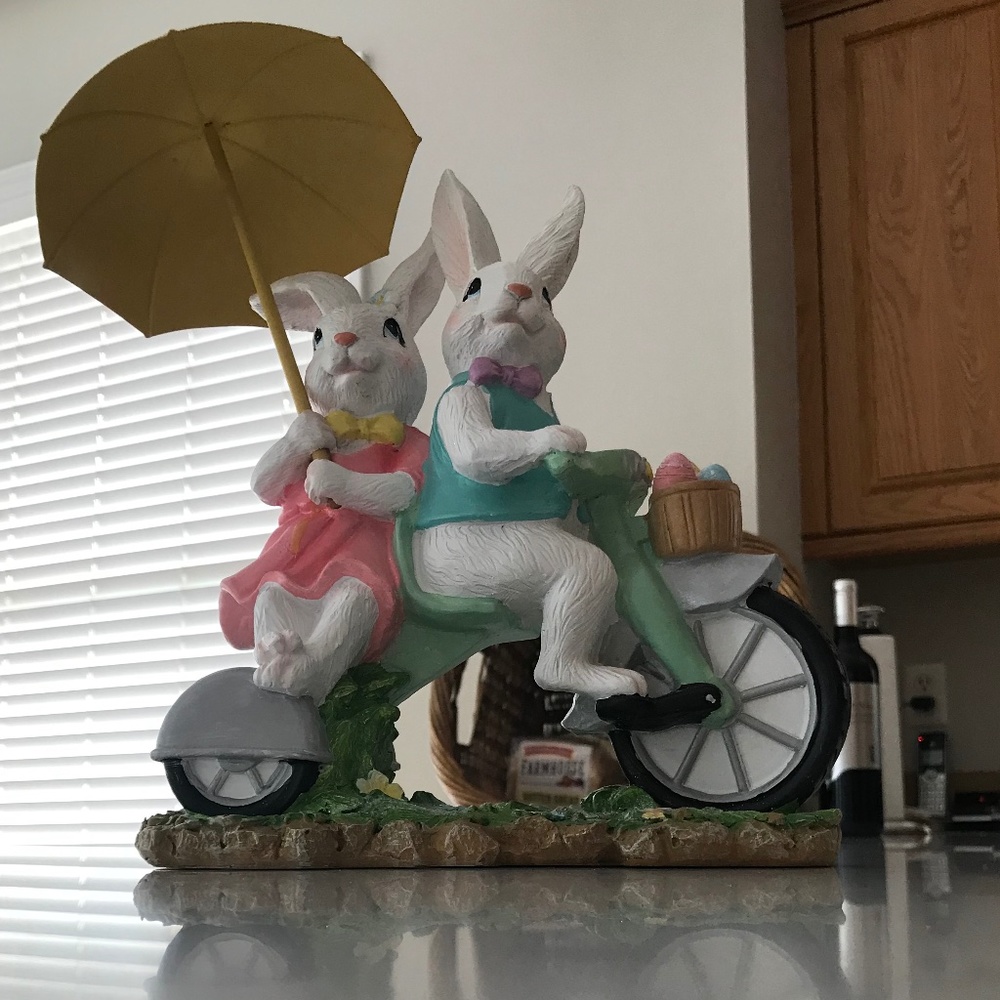 Him & Her Bunny Figurine with Umbrella on Bike Easter Spring Love Bunnies